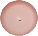 Roze fruitschaal op voet, van bovenaf gezien, met afwateringssleuven in het midden.