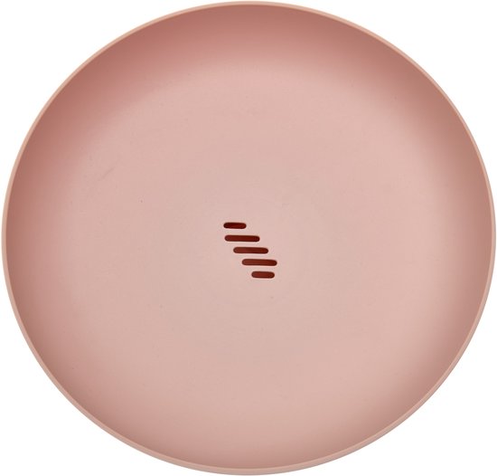 Roze fruitschaal op voet, van bovenaf gezien, met afwateringssleuven in het midden.