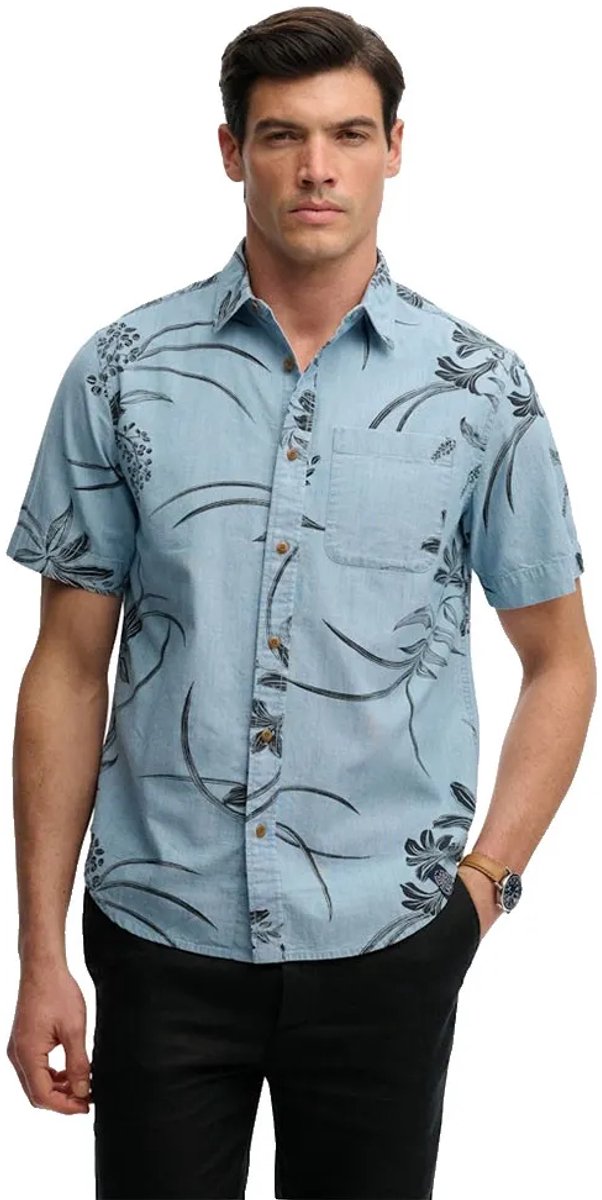 Superdry Overhemd Vintage Loom Ss Shirt M4011129a Kan Mid Wash Hawaiian Mannen Blauw