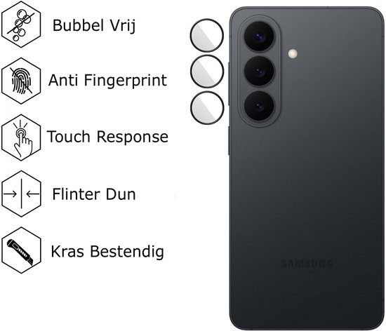 Zwarte Samsung telefoon met drie camera's, vergezeld van iconen die 'Bubbel Vrij', 'Anti Fingerprint', 'Touch Response', 'Flinter Dun' en 'Kras Bestendig' aanduiden. Drie cirkels met een witte rand stellen screenprotectors voor.