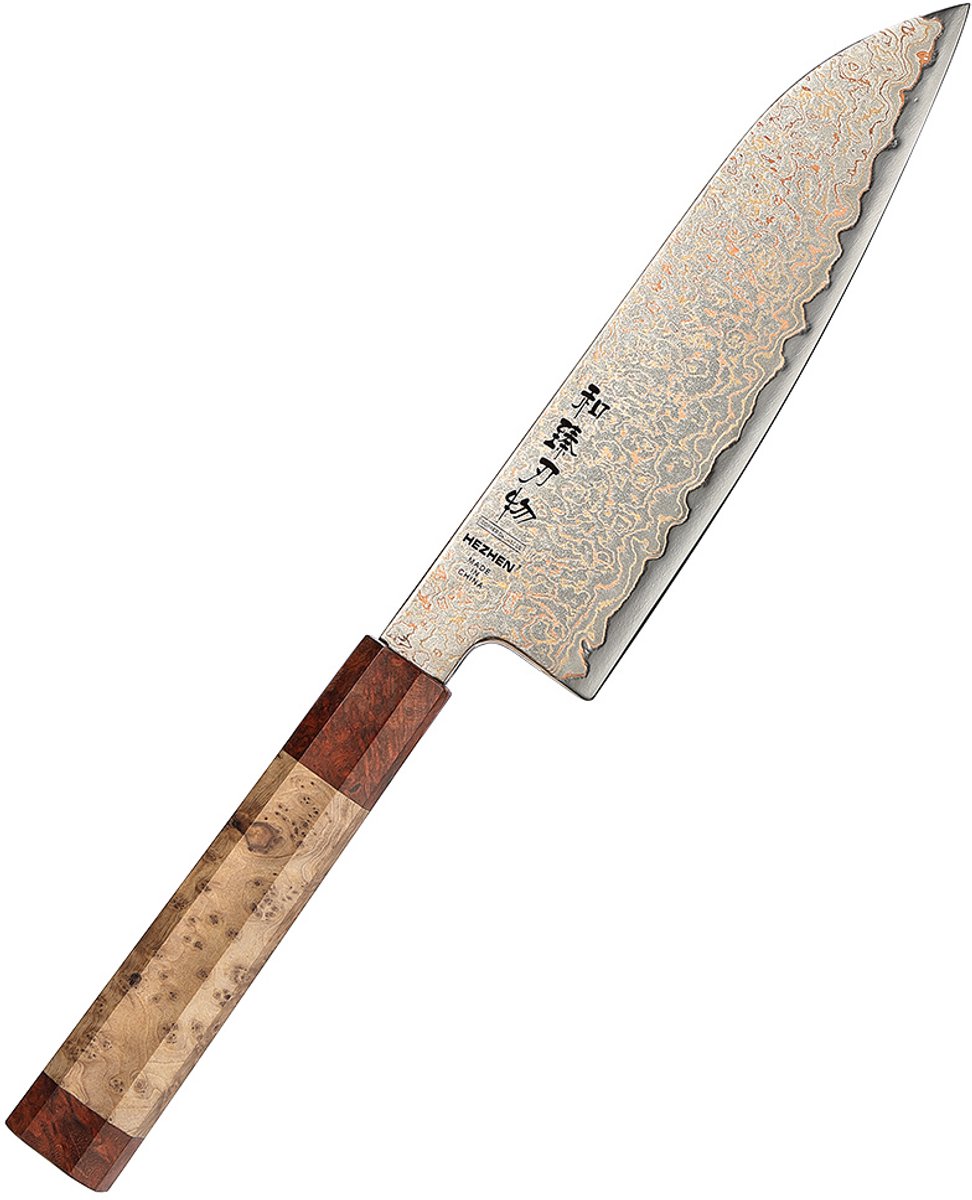 Hezhen - Koper Damascus staal (37 laags - 12Cr18MoV kern) - X05C Retro Series - Santoku mes