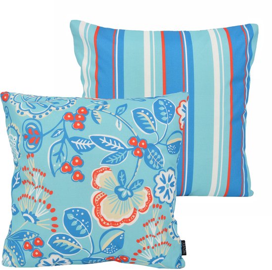 Sierkussen Fleur / Rayure - Blauw | Collection Plein air / Extérieur | 45 x 45 cm | Coton