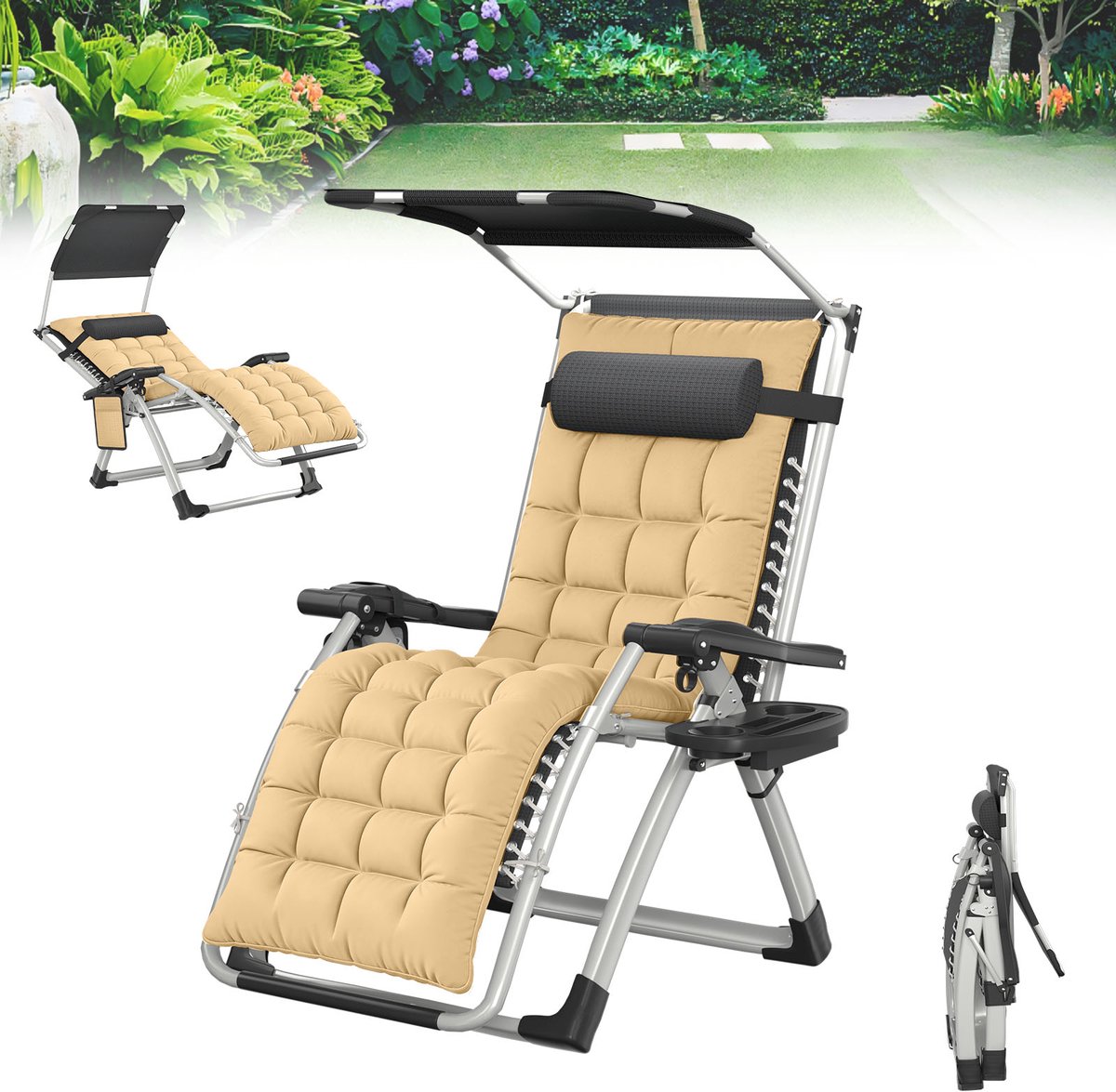 Froadp Beige Ligstoel, tuinstoel, opklapbare tuinstoel, tuinstoel met kussen en hoofdsteun