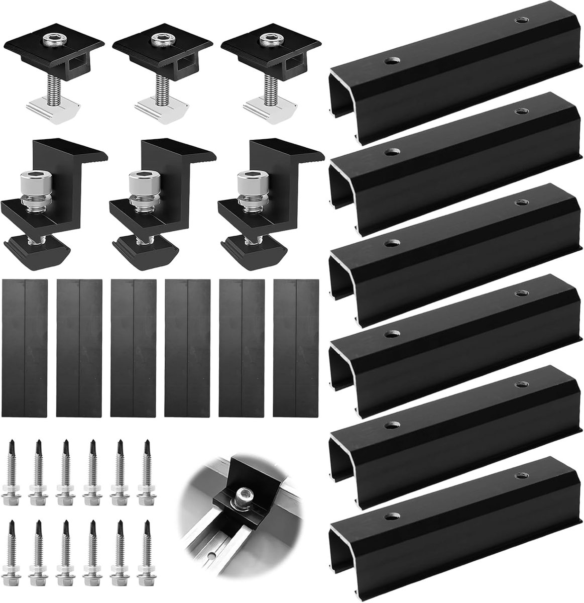 Zonnepaneel Houder Set - Bevestigingsrails Klemmen - Plat Dak Montage - Verstelbare Module Klem - 12cm Aluminium Rails - Zwart