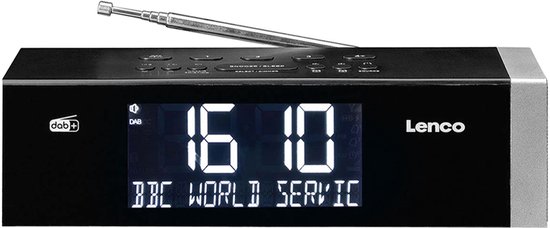 Zwarte Lenco wekkerradio met DAB+ logo, tijd '16:10', zender 'BBC WORLD SERVICE' en een zilverkleurige rand.