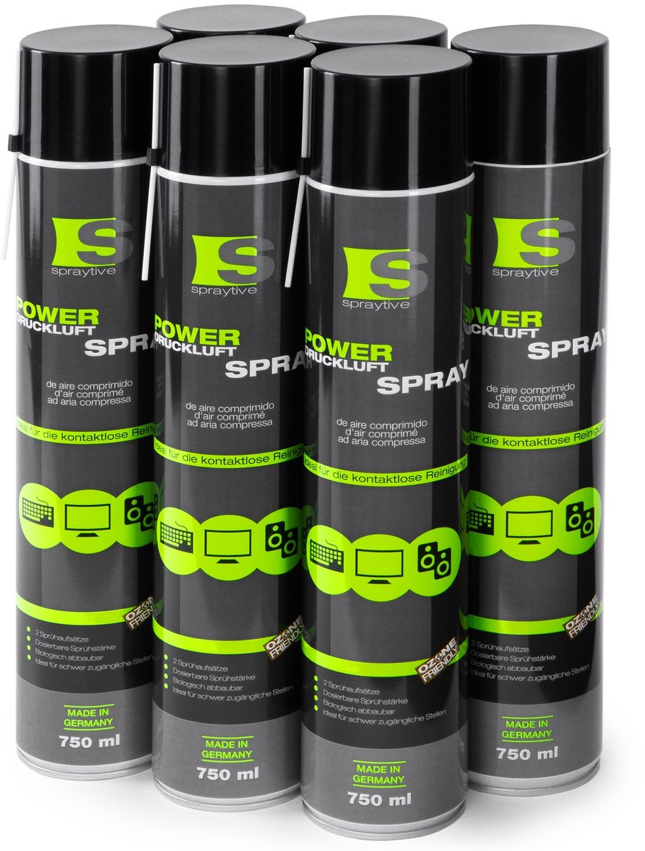 Spraytive 6x 750ml power persluchtspray persluchtreiniger met 100mm spuitrietje pc reinigingsset toetsenbord computer camera