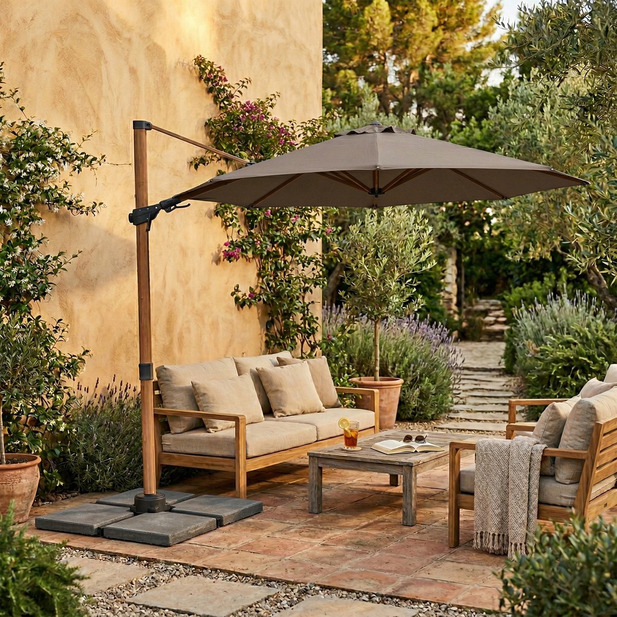 AXI Solis Zweefparasol Ø 300cm Houtlook/taupe incl. Hoes – Gepoedercoat frame met kruisvoet – 360° Draaibaar - Kantelbaar – foto 5