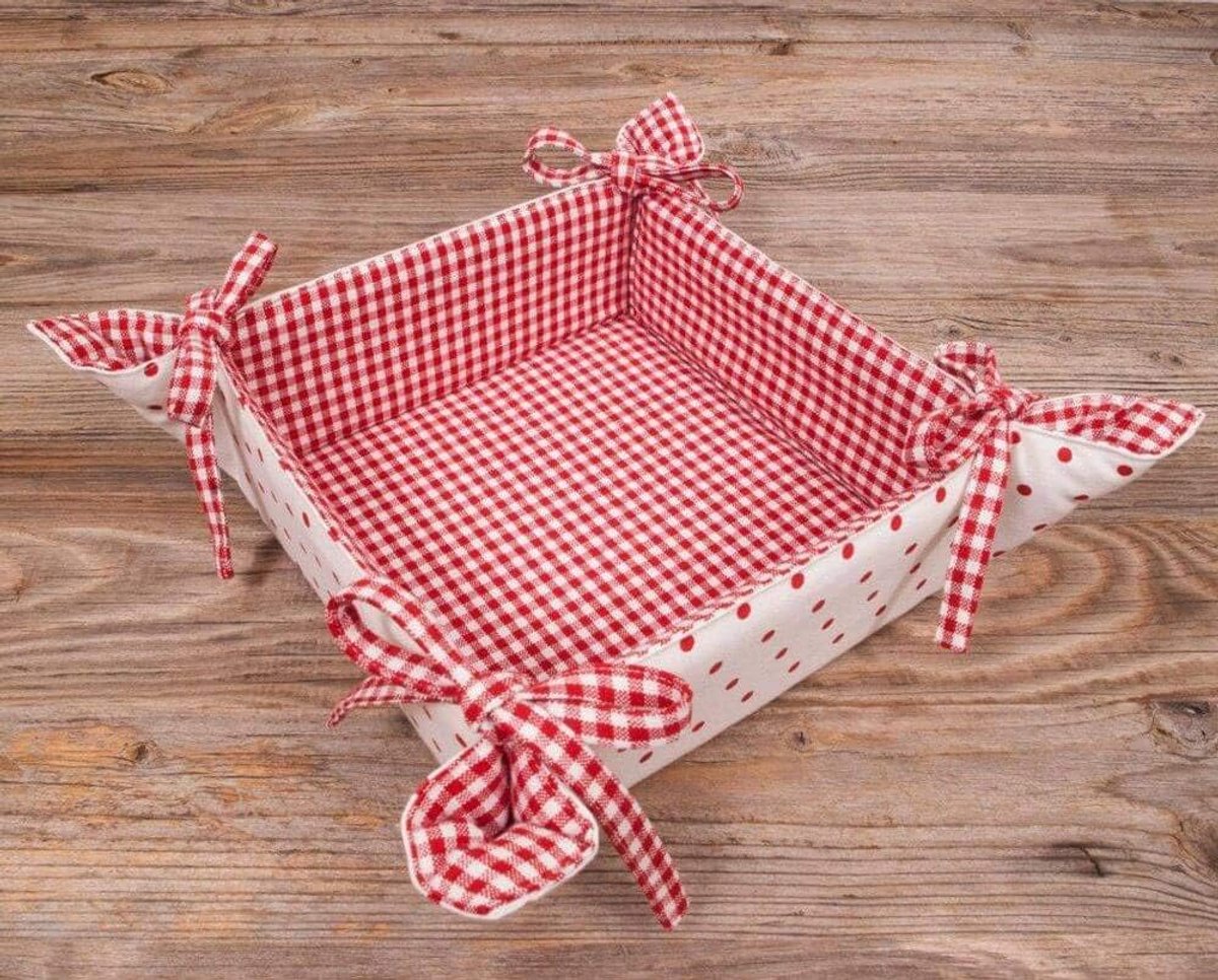 Broodmand Stof - Mandje Keuken - Brood Serveren - Geruit Gestippeld Design - 20x20 cm - Rood