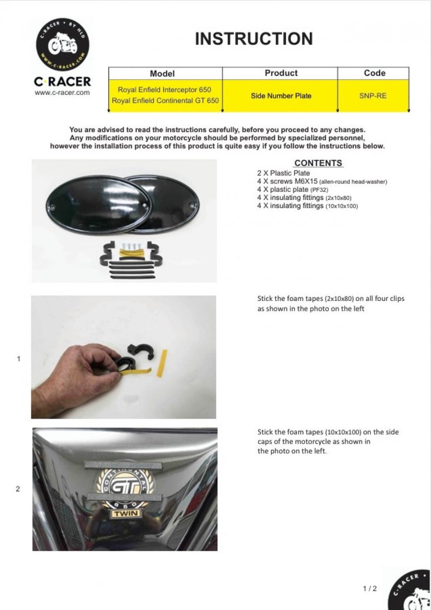 Caches latéraux C. Racer pour Moto ROYAL ENFIELD 650 Continental GT 2019 à 2021 SNP-RE Neuf