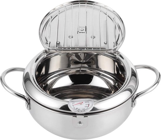 RVS frituurpan met thermometer, open deksel en rek.