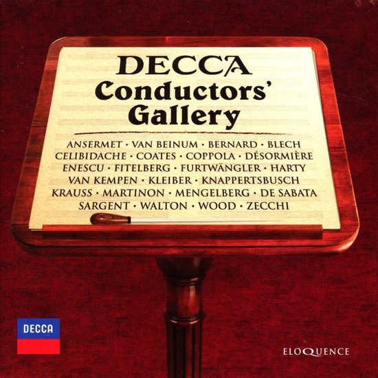 Decca Conductors' Gallery CD hoes met lijst van dirigenten op een rood fluwelen achtergrond.