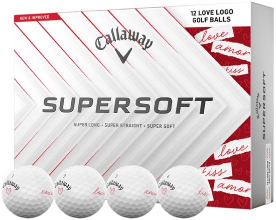 Doos Callaway Supersoft golfballen met Valentijnsdesign. Bevat 12 ballen met teksten.