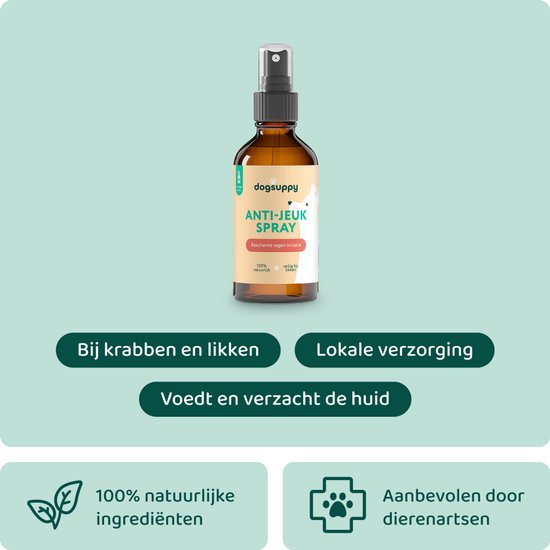 DogSuppy Anti-Jeuk Spray: voor krabben en likken, lokale verzorging, voedt en verzacht de huid. 100% natuurlijke ingrediënten, aanbevolen door dierenartsen.