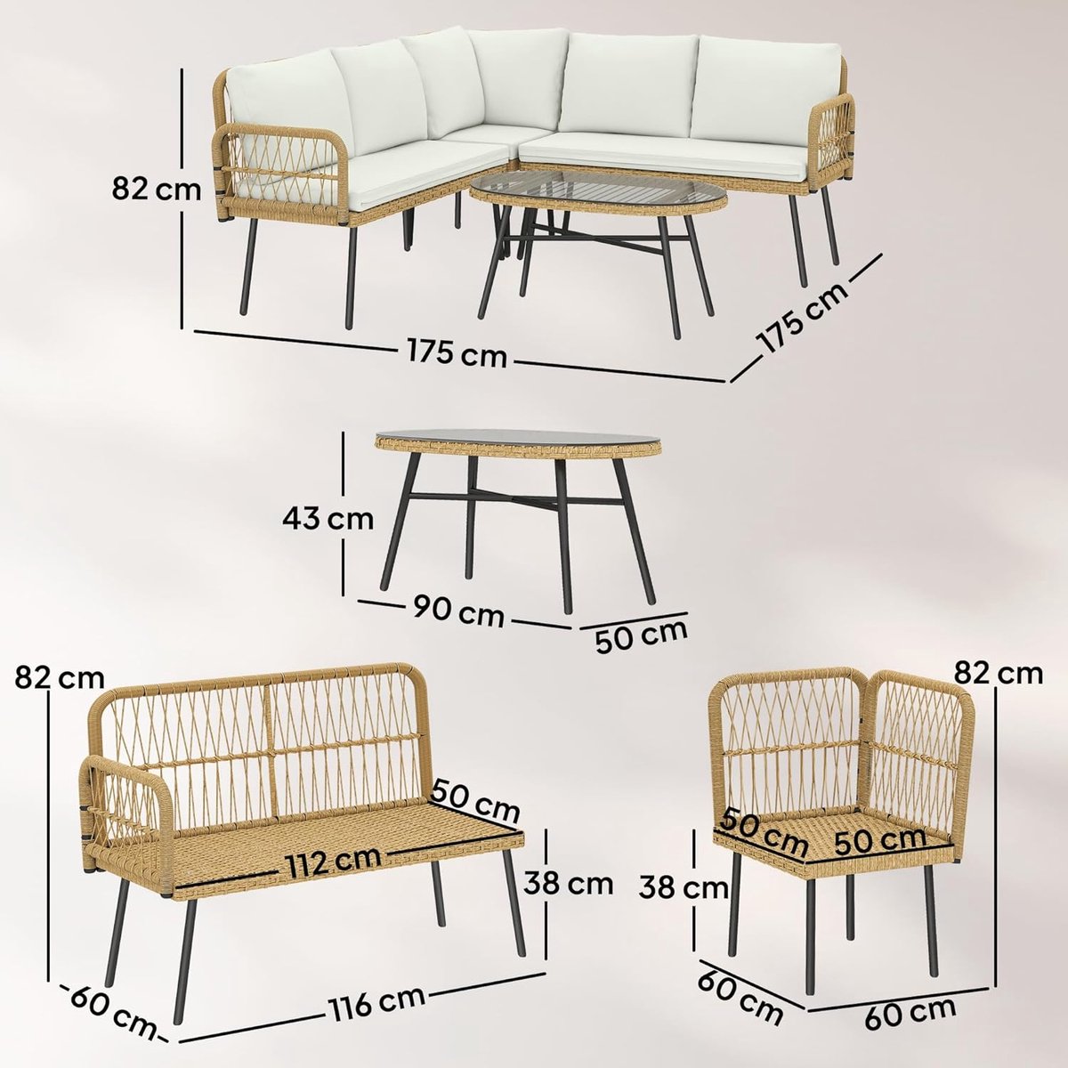 Tuinloungeset Bellavero 4-delig – L-vormige Outdoor Balkonmeubelen, Hoekbank + Tweezitsbank + Salontafel, Crèmewit PE-Rotan & Staal, Afneembare Kussens, Modern Comfort voor 4-5 Personen