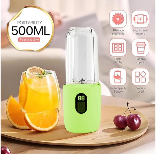 Draagbare blender - smoothie blender to go voor shakes en vers fruit - 500 ml, 16 messen, USB oplaadbaar - groen - 8,5 x 8,5 x 28,5 cm - ABS voor thuis, werk en onderweg — afbeelding 4