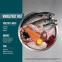 Een schaal met rauwe kip, zalm, kalkoen, orgaanvlees en hele vissen.