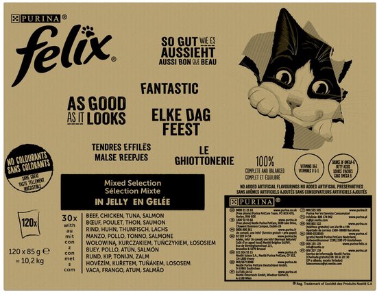 Felix Elke Dag Feest Mix selectie in Gelei - Kattenvoer Natvoer - Zalm Tonijn Rund & Kip - 120 x 85 g