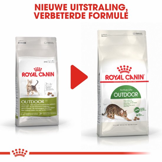 Vergelijking van oud en nieuw verpakkingsontwerp van Royal Canin Outdoor kattenvoer.