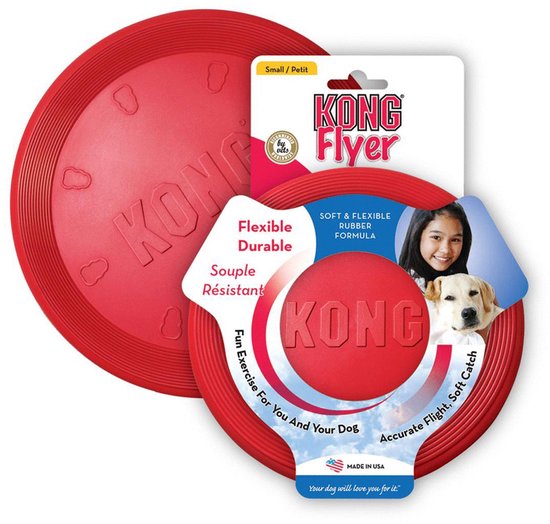 Rode Kong Flyer frisbee in verpakking, met afgebeelde frisbee ernaast. Flexibel en duurzaam.