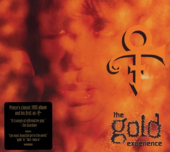 Albumhoes van 'The Gold Experience' met Prince's gezicht, het Love Symbol en tekstinformatie.