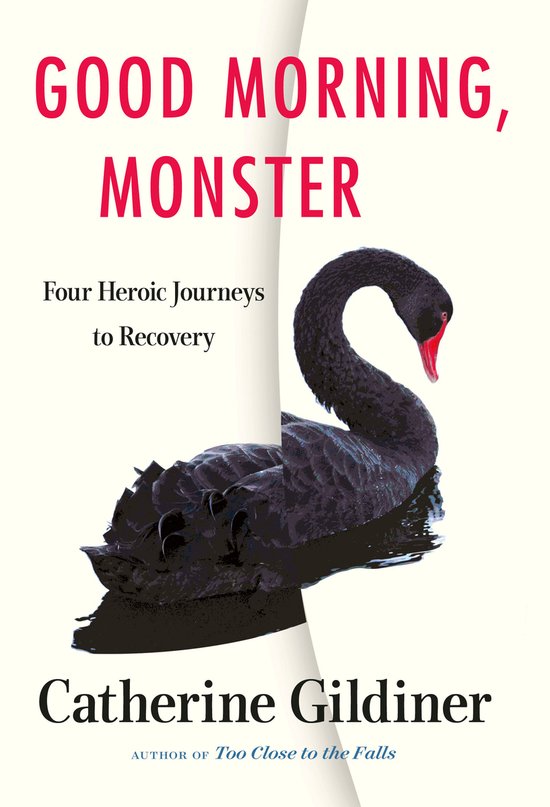 Boekomslag van 'Good Morning, Monster' met een zwarte zwaan. Tekst: 'Good Morning, Monster, Four Heroic Journeys to Recovery, Catherine Gildiner'.