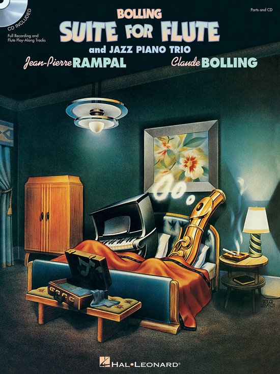Boek kaft: "Bolling Suite for Flute and Jazz Piano Trio" met fluit en piano.