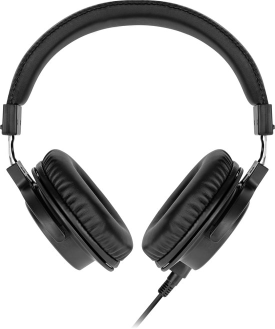 Zwarte Krüger&Matz DJ hoofdtelefoon, van voren met leren hoofdband.
