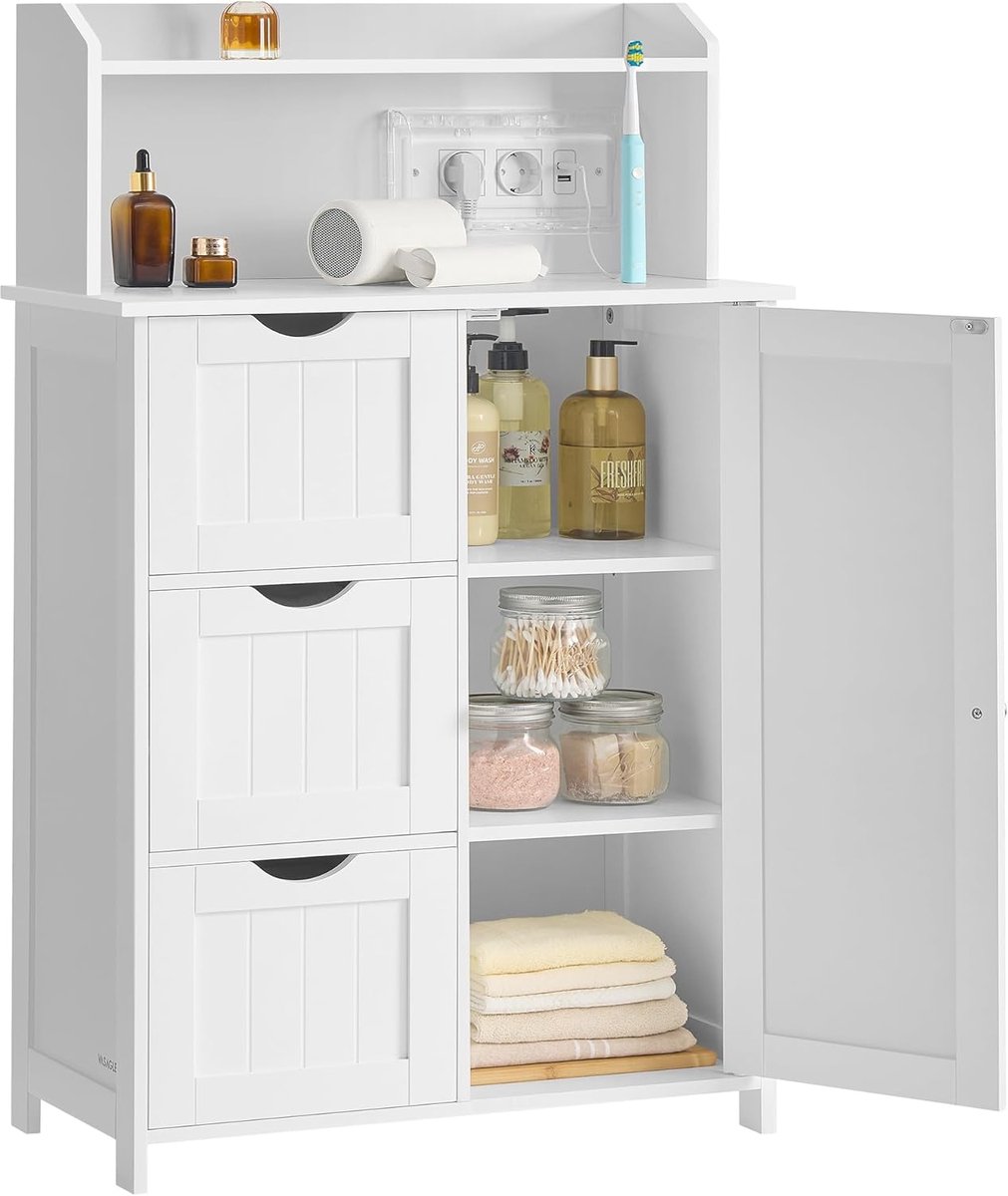 Furnstar Badkamerkast Staand – Met Deur, Laden & Stopcontact – Opbergkast voor Toiletpapier – Verstelbare Planken – 30 x 60 x 100 cm – Wolkenwit