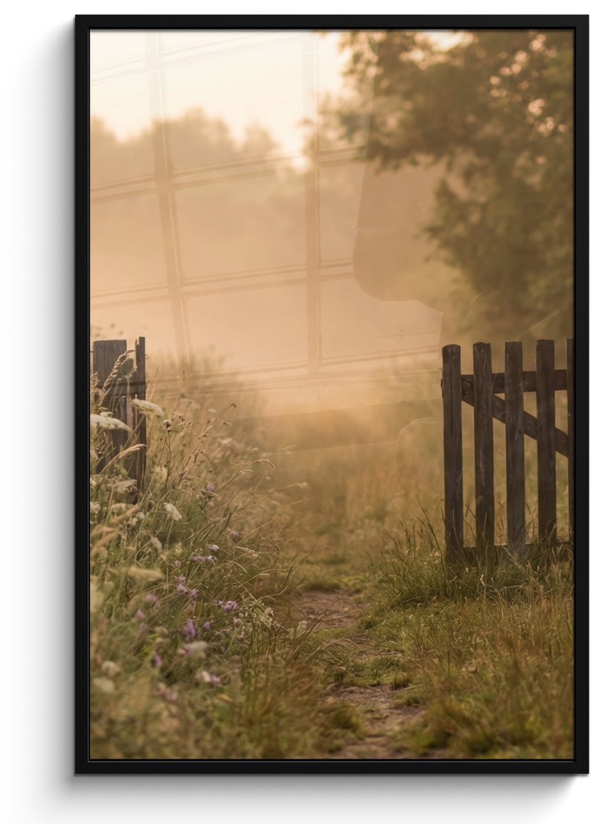 FrameYourWall Poster in lijst - Fotolijst 80x120 cm - Posters - Hek - Natuur - Mist - Veld - Posterlijst zwart - Decoratie - Wanddecoratie woonkamer - Muurdecoratie slaapkamer