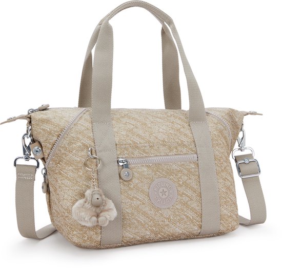 Beige Kipling ART MINI damestas met goudkleurige spikkelprint, korte handvatten, afneembare schouderband en een fluffy aapje-sleutelhanger.
