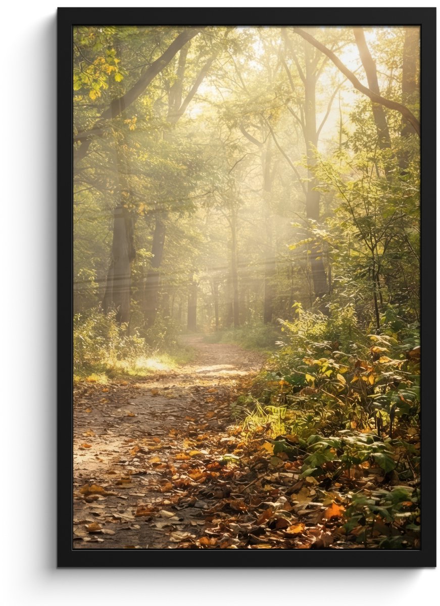 FrameYourWall Poster in lijst - Fotolijst 40x60 cm - Posters - Zonlicht - Bospad - Bomen - Posterlijst zwart - Decoratie - Wanddecoratie woonkamer - Muurdecoratie slaapkamer