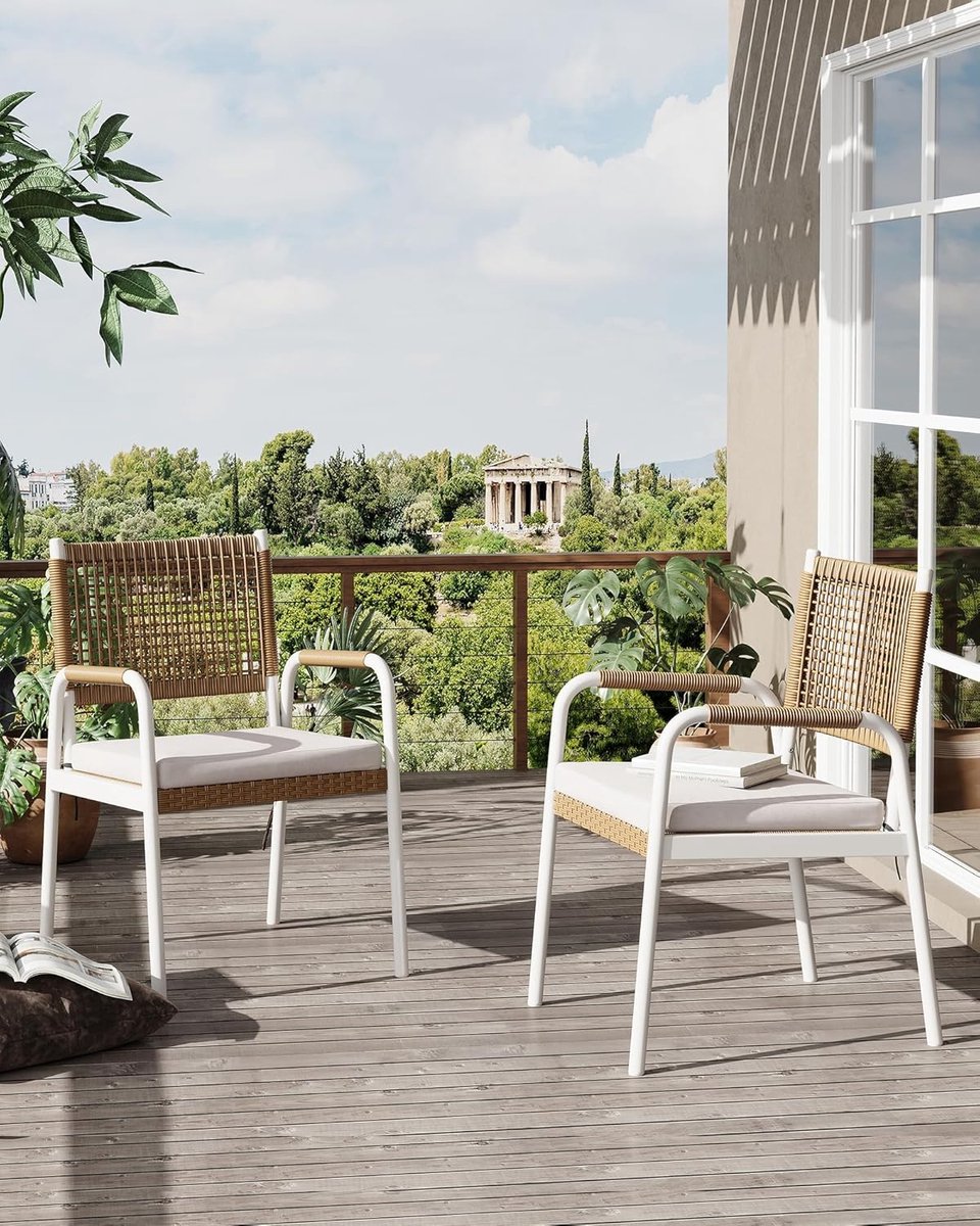 Set van 2 Tuinstoelen inclusief Kussens - Rotan Wicker Balkonstoelen met Metalen Frame - Weerbestendig - Wit & Bruin – foto 5