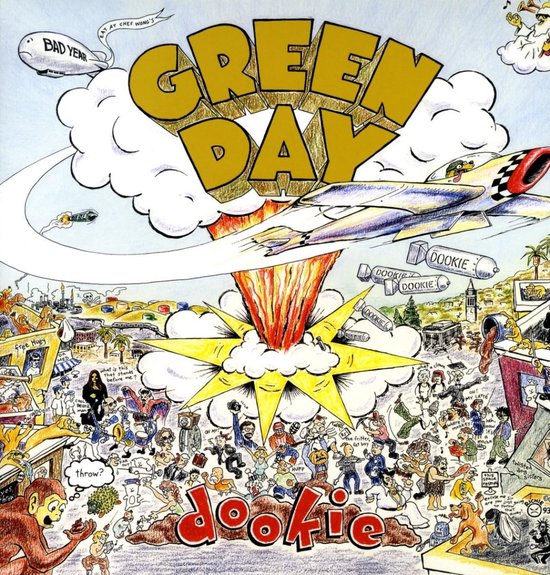 De iconische cover van Green Day's "Dookie", met een gedetailleerde tekening van een explosie, vliegtuig en personages.