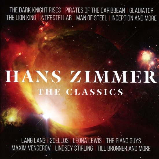 Voorzijde van de Hans Zimmer: The Classics CD, met artwork van een gloeiende planeet en lijst met films en artiesten.