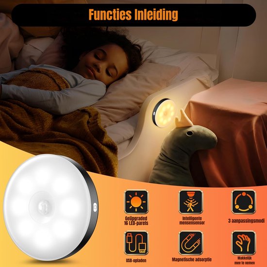 Bedverlichting met bewegingssensor - USB oplaadbare nachtlamp - Kleine LED-nachtlamp - Zwart - 8cm x 8cm x 2cm — afbeelding 2