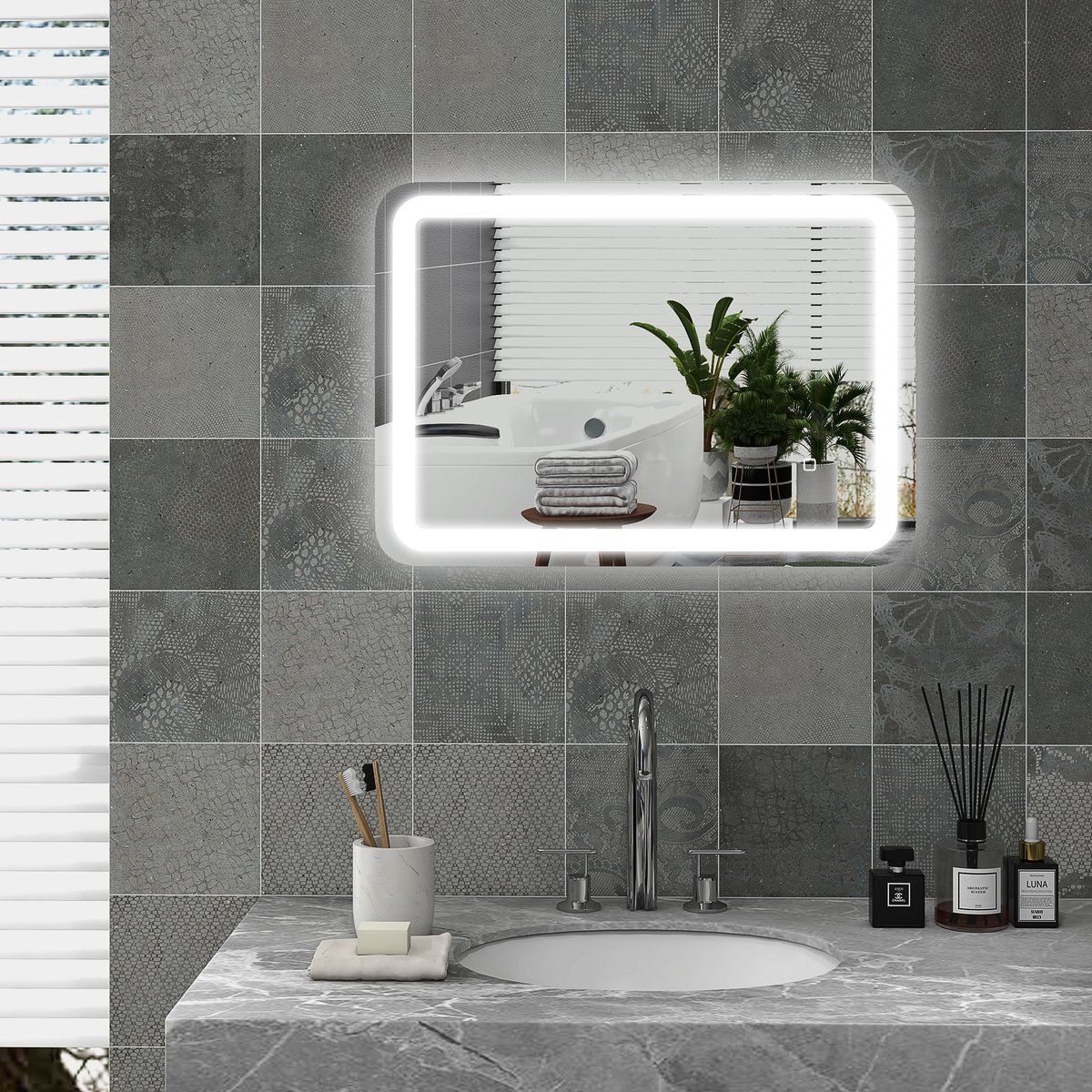Wishdor Badkamerspiegel Met Ledverlichting - Touchbediening En Anti-Condens - Modern - Voor Badkamer - Gehard Glas - Zilver - 50 X 70 Cm