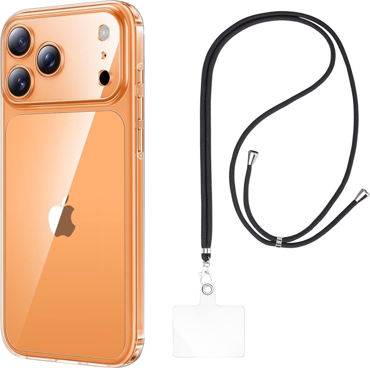 Set met hoesje en nekband voor iphone 17 pro max - Flexibele, transparante TPU-bescherming, verstelbare universele nekband voor mobiele telefoons, zwarte nekband, transparante draagriem van Phonillico®