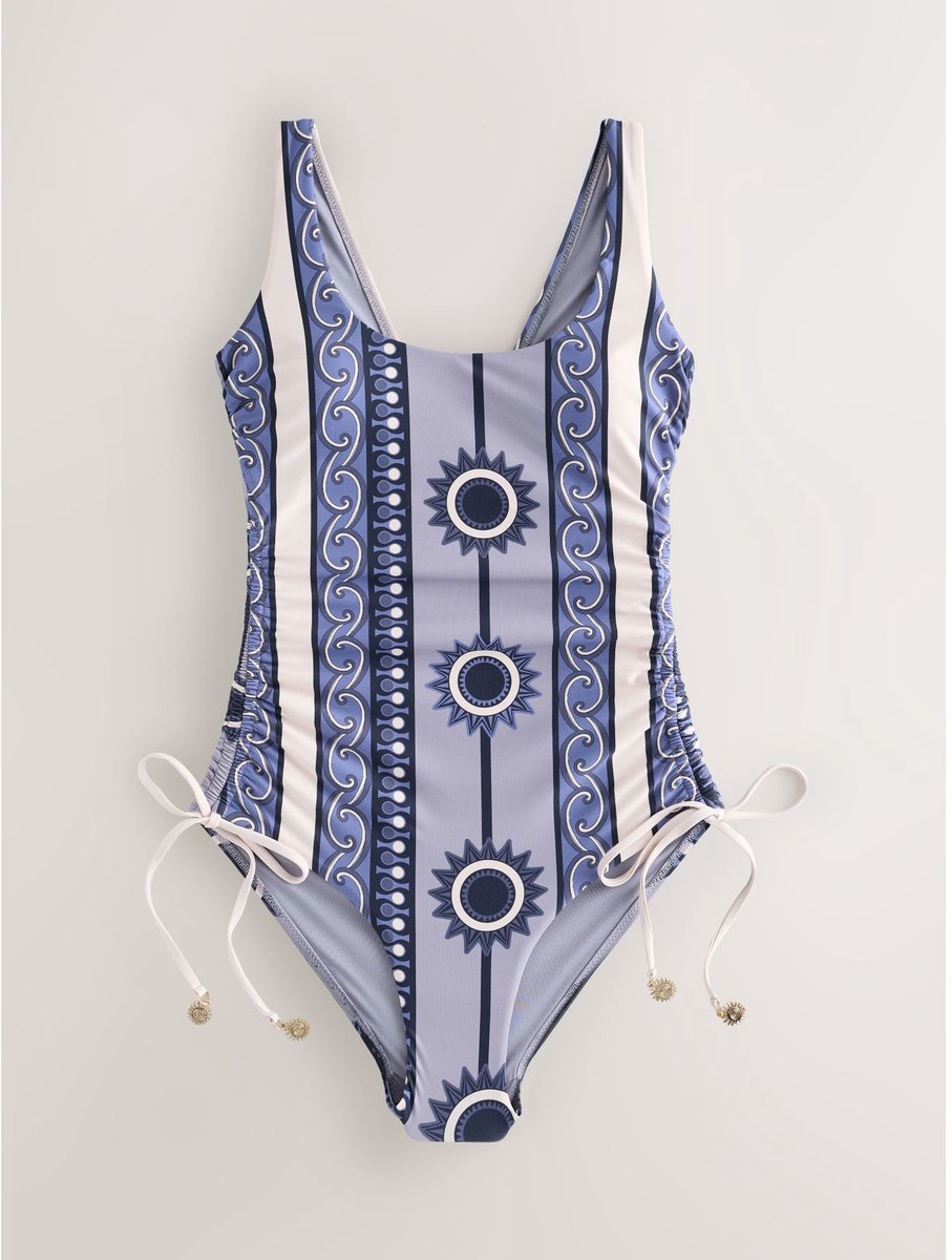 Next Dames - Badpak met lage hals, figuurcorrectie en ruches - Blauw Navy Blue Geometric