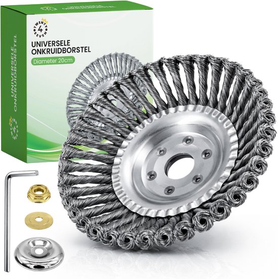 Onkruidborstel van 20 cm met toebehoren, waaronder een inbussleutel en moeren, naast een groene verpakking.