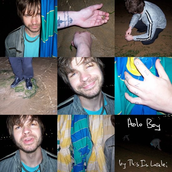 Collage van foto's met een man met bruin haar, een groene jas, en de tekst 'Holo Boy by This Is Lorelei'.