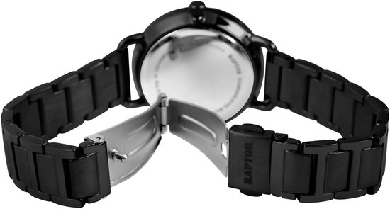 Zwart roestvrijstalen horloge met openklapbare sluiting, merknaam RAPTOR op sluiting.
