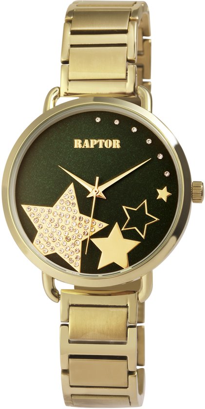 Goudkleurig dameshorloge met donkergroene wijzerplaat, sterren en kleine strass steentjes. RAPTOR.