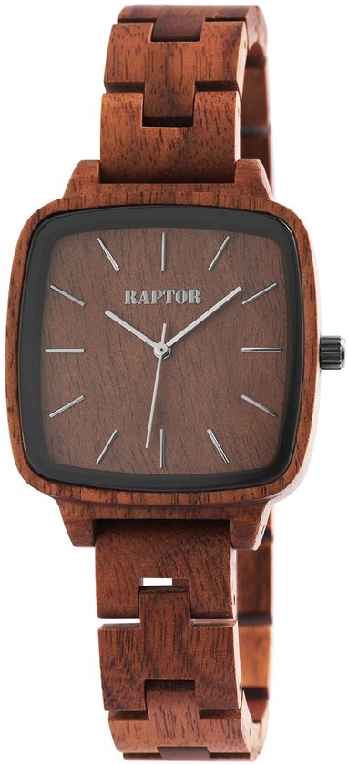 Bruin houten Raptor horloge met vierkante wijzerplaat, zilverkleurige wijzers en logo.