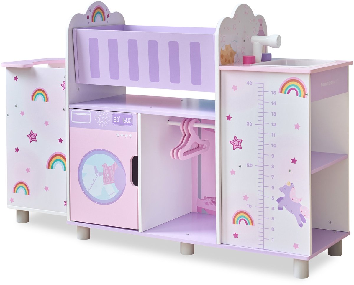 Teamson Kids Houten 6-in-1 Station voor Babypoppen - Wieg, Wastafel en Kinderstoel - Paars
