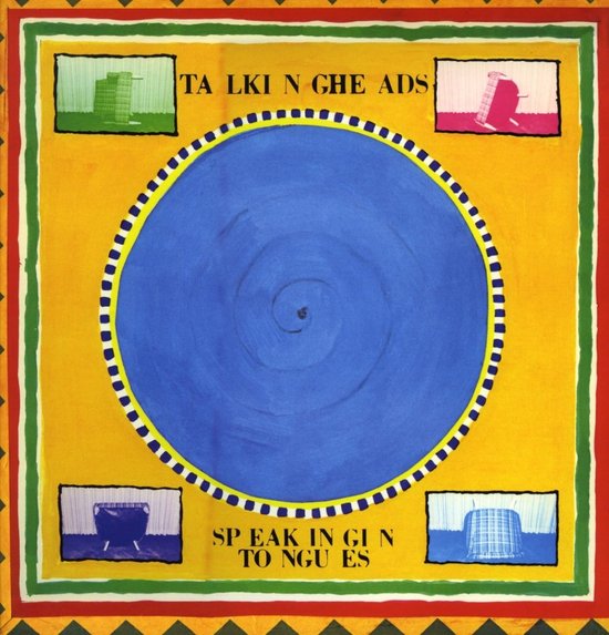 De hoes van 'Speaking in Tongues', met een geel, blauw en groen cirkelvormig ontwerp en vierkante afbeeldingen.