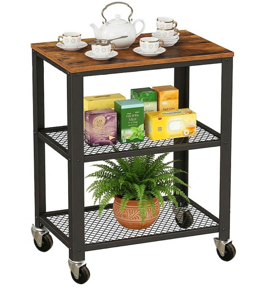 Keukenwagen - 60x77,5x40 cm - industrieel - donkerbruin-zwart - met wielen