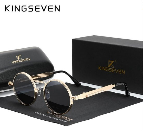 Kingseven Zonnebril - Zwarte Spiegelglazen - Rond Goud Montuur - Retro Steampunk Heren - N7579