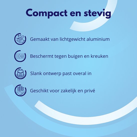 Beschrijving van een visitekaarthouder van lichtgewicht aluminium.