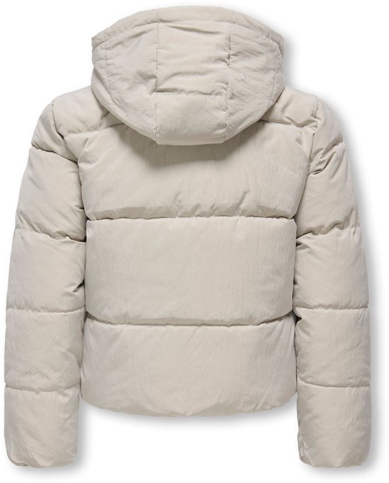 Lichtbeige pufferjack met capuchon, van achteren.