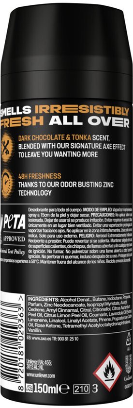 Axe Dark Temptation deodorant bodyspray in het Nederlands en Engels. Zwarte bus met afbeelding van donkere chocolade.